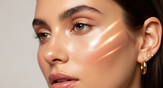 Close-up portrait of a young woman with luminous, glowing skin, highlighting her facial features with a beautiful makeup application
