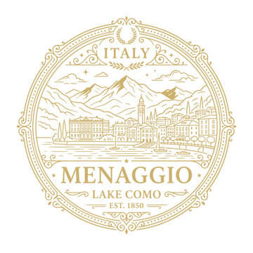 Vintage Menaggio Lake Como Italy emblem with gold mountain landscape vector illustration