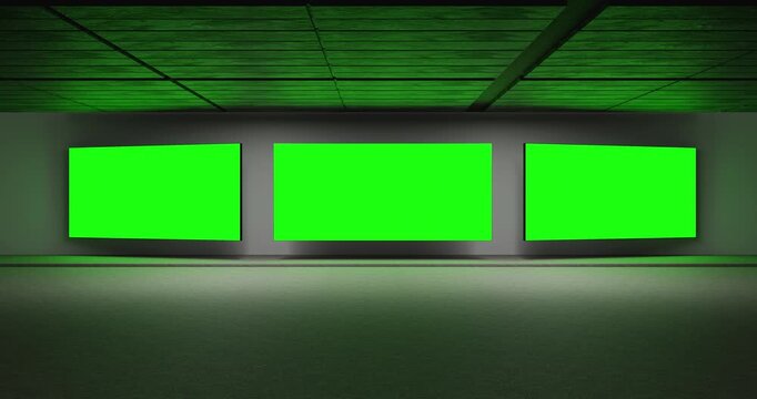 Animated mockup of a sleek, dark modern gallery interface with three green screens 