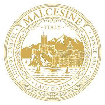 Vintage Malcesine Italy travel seal featuring Lake Garda Scaligero Castle vector illustration