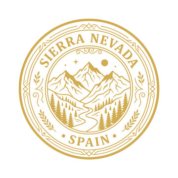 Sierra Nevada Spain vintage mountain landscape badge with pine forest vector illustration
