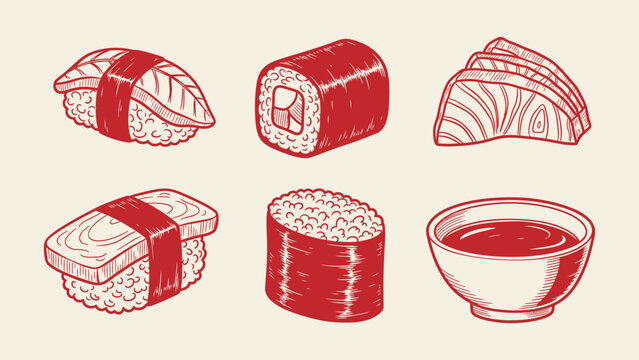 Hand-drawn sushi and sashimi vector set in red ink style. Featuring nigiri, maki, and soy sauce, ideal for Japanese restaurant menus and food branding