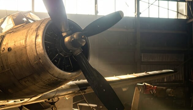 Vintage Airplane Propeller in Sunlit Hangar.