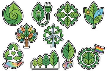 Naklejka premium Eco-friendly symbols: renewable energy, recycling, nature conservation, sustainability icons.