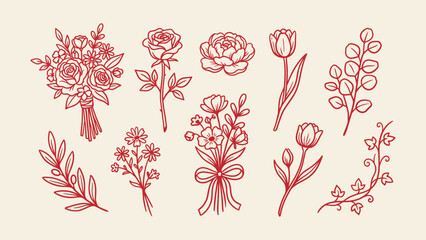 Red floral line art collection with bouquets, roses, and botanical elements. Ideal for wedding invitations, minimalist branding, and elegant greeting card designs © Zyariss