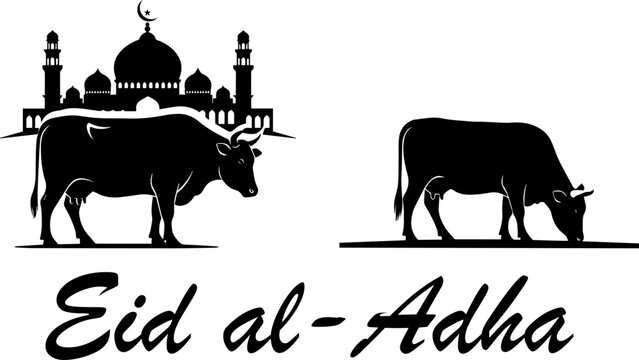 Eid al-Adha Qurbani Cow with Mosque Silhouette