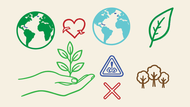 Environmental icon set with globes, leaves, trees, and hand holding a plant. Representing sustainability, ecological awareness, and nature conservation