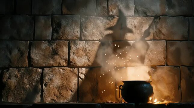Cinematic widescreen video of a witch's shadow cast on an ancient stone wall. The shadow is actively mixing potions in a shadow-cauldron with swirling steam rising