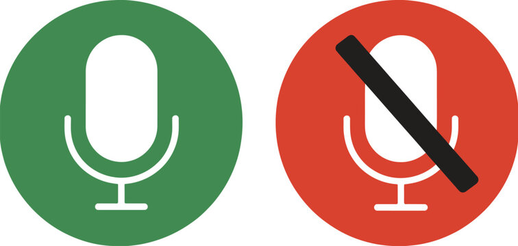 Microphone and mute microphone icon set audio sound symbol green red vector illustration