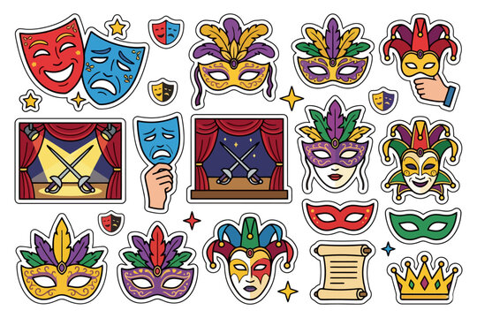 Colorful theater masks and props collection with jester and crown elements.
