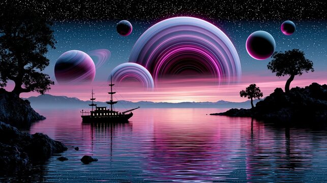 Surreal alien landscape with a pirate ship sailing on a reflective ocean under a sky with planets and stars