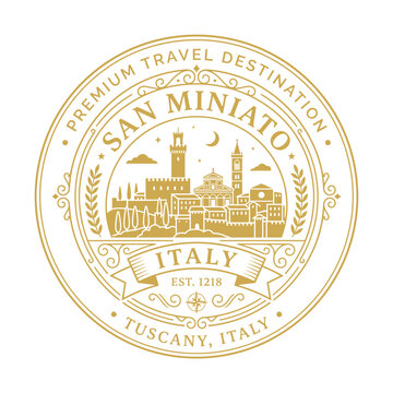 Vintage San Miniato Italy travel emblem featuring medieval skyline architecture vector illustration