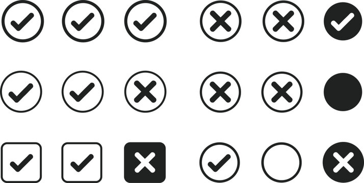 Check mark and cross icons set including tick approval cancel selection interface ui symbols collection design