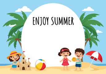 Flat style vector banner template of kids enjoying summer vacation on a tropical beach, playing with sandcastle and umbrella, symbolizing fun, relaxation, and joyful holiday lifestyle © Amie