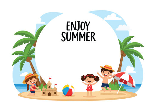Flat style vector banner template of kids enjoying summer vacation on a tropical beach, playing with sandcastle and umbrella, symbolizing fun, relaxation, and joyful holiday lifestyle