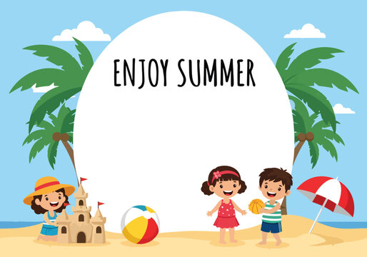 Flat style vector banner template of kids enjoying summer vacation on a tropical beach, playing with sandcastle and umbrella, symbolizing fun, relaxation, and joyful holiday lifestyle