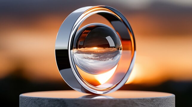 Abstract chrome ring with glass sphere reflecting sunset, placed on a concrete pedestal