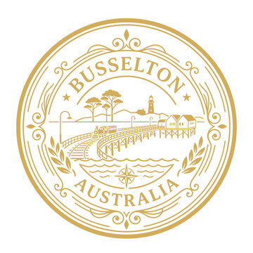 Vintage gold Busselton Australia emblem featuring jetty and train vector illustration