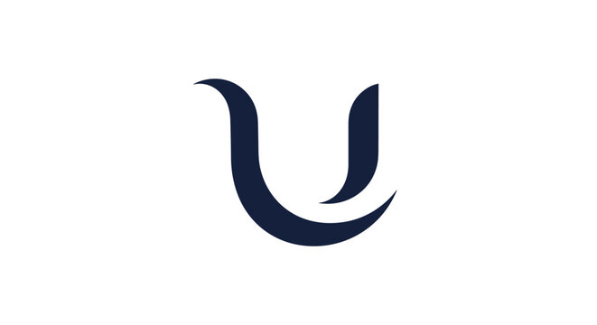 Minimalist dark blue abstract logo shape resembling a stylized letter U or a gentle water wave on a white surface.