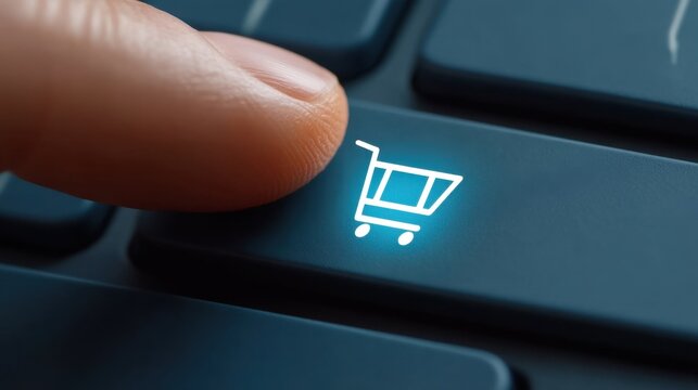 Close-Up View of Finger Pressing Shopping Cart Icon on Keyboard Button for Online Shopping Experience and E-Commerce Interaction
