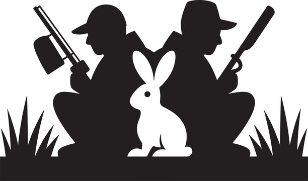 Black and white silhouette of hunters sitting back to back with shotguns and a rabbit