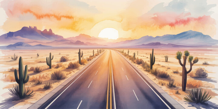 Sunset road leading to horizon under glowing sky