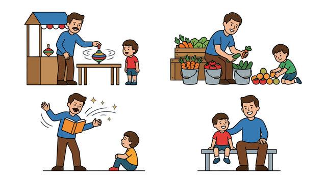 Father-Son Bond: A heartwarming illustration depicts a series of vignettes capturing moments of connection between father and son, showcasing their shared experiences and bond. 