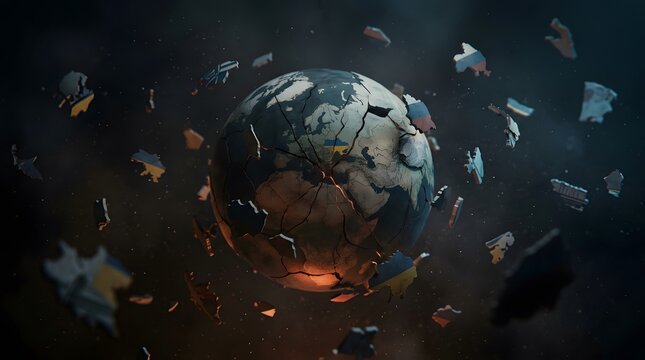 Earth globe shattering or exploding in space