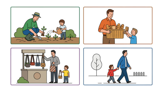 Father-son moments: Four vignettes showing bonding moments between a father and son; planting, sharing loaf, buying and walking.