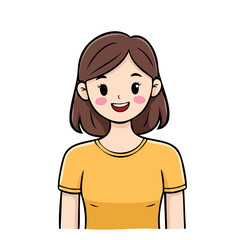 Fototapeta premium Smiling young woman cartoon portrait with brown hair and yellow shirt