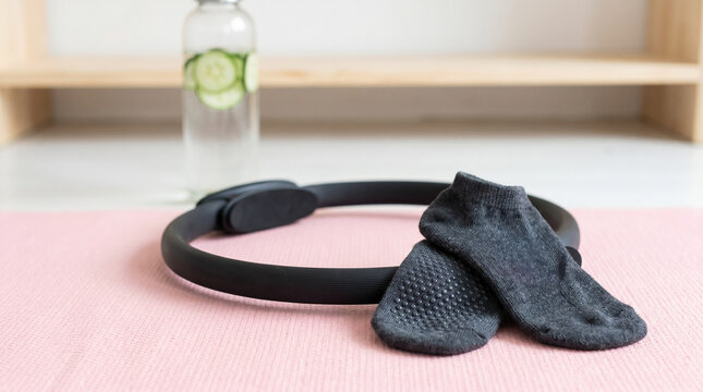 Minimalist wellness still life. A black Pilates magic circle and grey non-slip grip socks on a pastel pink yoga mat, with cucumber-infused water in the background. Fall prevention concept. 
