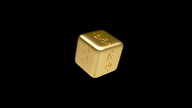 Rotating golden cube with dollar symbols floating on a black background, 3D animation