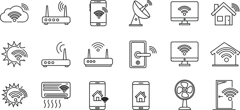 Connectivity and Smart Home Icon Set Featuring Wi-Fi, Devices, and Home Appliances for Technology and IoT Illustrations