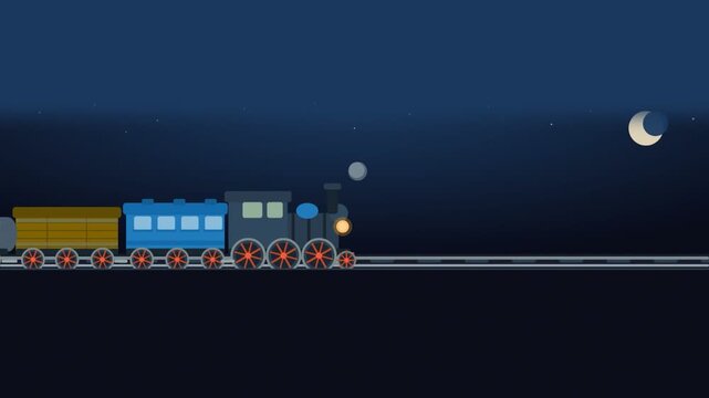 A cartoon steam train with blue locomotive, yellow cargo car and gray tanker travels on railway tracks at night under a dark blue starry sky with crescent moon.