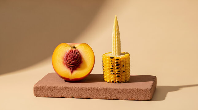 Minimalist culinary background. Fresh peach and grilled corn motifs on a textured stone slab. Premium summer food layout with vast copy space for branding. AI generated.