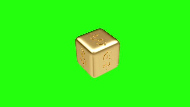 Rotating dollar symbol cube changes from red to gold against a green screen background in a finance themed 3D animation