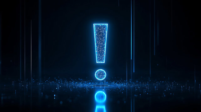 Glowing blue exclamation mark with neon effect on dark background