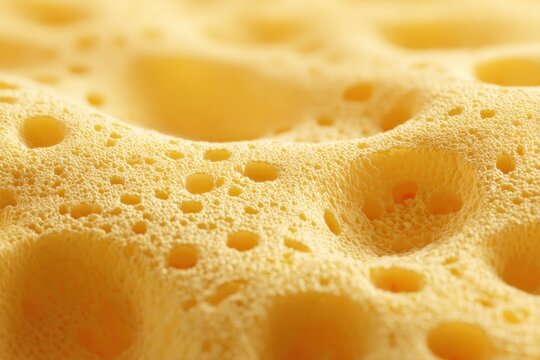 Close up of yellow sponge texture with porous surface and holes, detailed natural pattern for cleaning, household, hygiene and absorbent material background concept.
