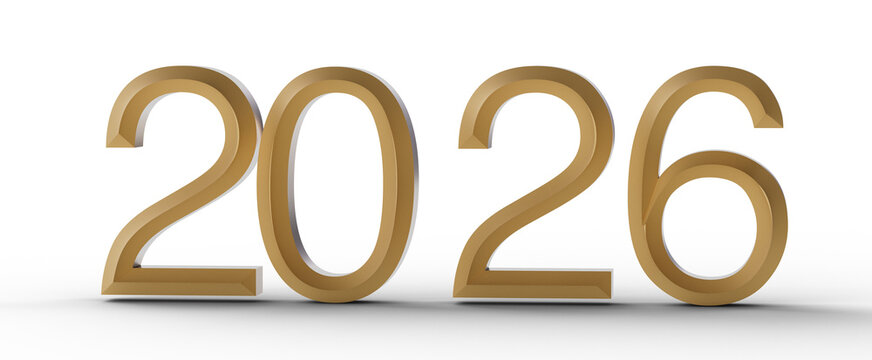 Illustration of the year 2026 in golden 3D numbers, perfect for new year celebrations, future projections and financial