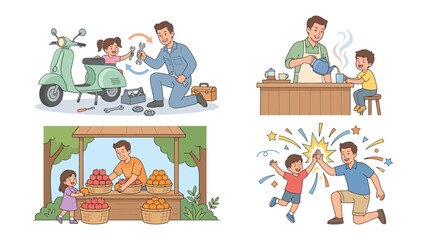 Fototapeta premium Father and Children Activities Collage: A vibrant collage showcasing a father engaging in various cherished activities with his children.