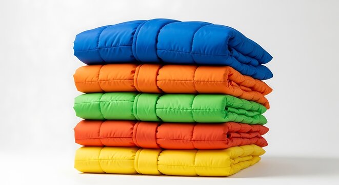A stack of colorful folded warm blankets or quilts arranged in a neat pile for home comfort and warmth