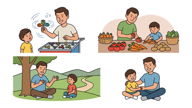Wholesome moments: Depicting a father and child bonding in everyday moments, from the park to the kitchen.