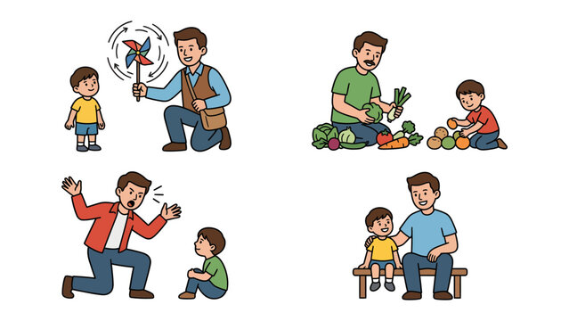 Father and Child Moment: This heartwarming illustration captures a father's various interactions and emotional bonds with his child. Explore the precious moments of support, love.