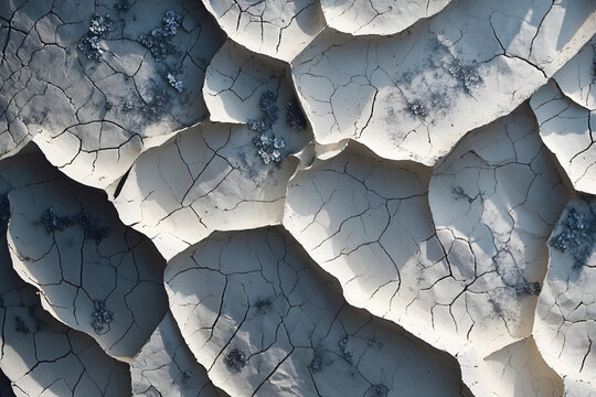 Abstract background of dry cracked light clay earth. Macro texture of parched ground with fine cracks.