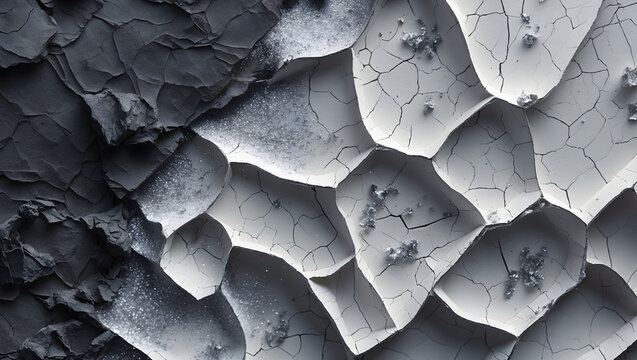 Abstract contrast texture of cracked white clay and dark charcoal earth. Macro background of parched soil.