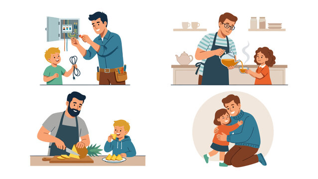 Fatherhood Moments: Illustrations depicting a father and child bonding through various activities at home, from cooking to electrical work. This collection celebrates family connections.