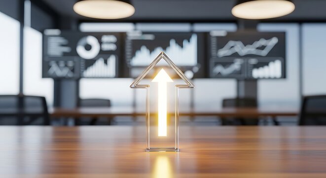 A glowing white arrow pointing up inside a glass box against a blurred office background with digital charts