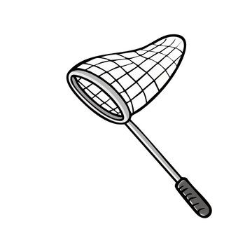 Cartoon illustration of a simple insect net with a circular opening and mesh bag for catching bugs outdoors