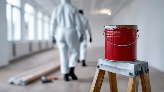 Tracking shot of painter walking past red paint can on ladder during interior renovation of empty bright loft with large windows