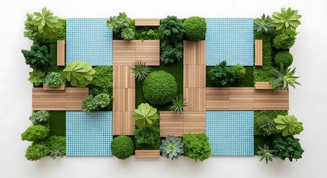 Top view of modern garden with wooden deck pathways swimming pools and green tropical plants in summer